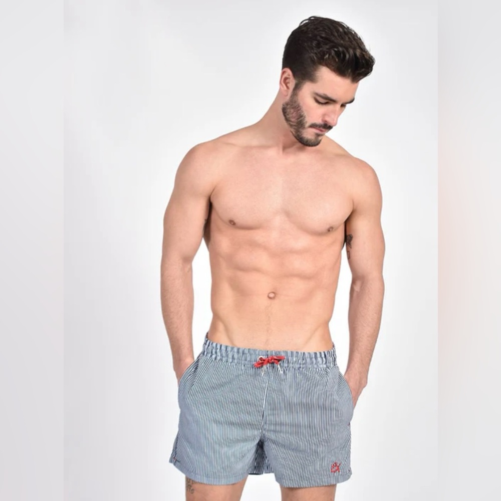 NWOT, Eight X Men’s Navy Stripe Print Trunks, Large